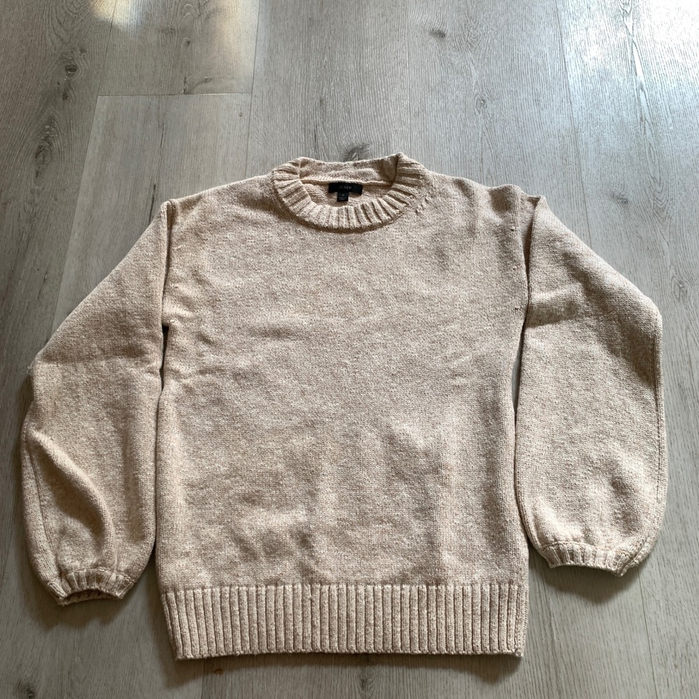 J.Crew‎ Womens Marled Beige Crewneck Sweater Balloon Sleeve Size S Minimalist